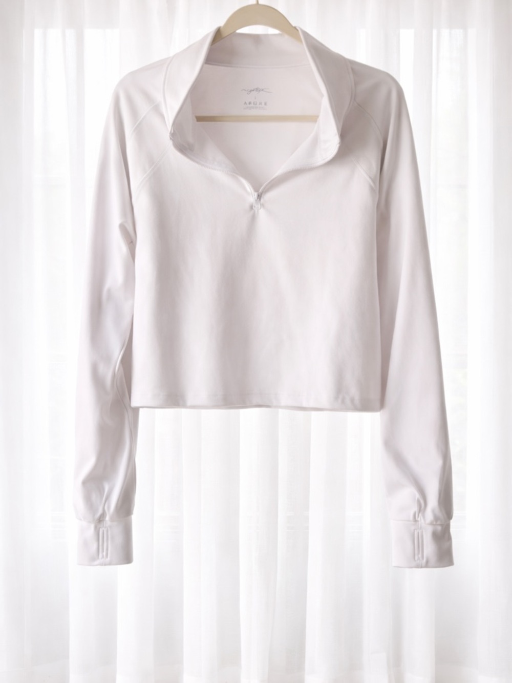 White Cropped Quarter Zip Pullover Thumb Holes Activewear Long Sleeve Size L